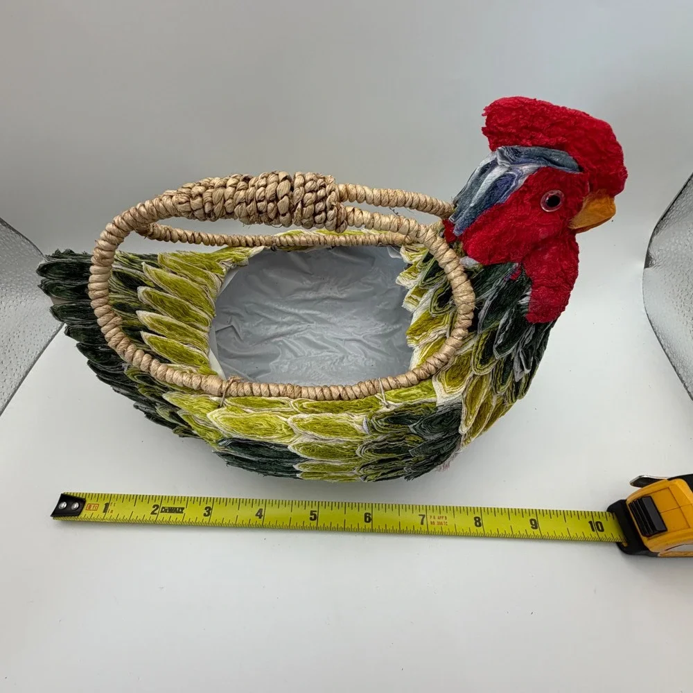 Vintage Style Handcrafted Chicken Rooster Basket Green Red Woven Farmhouse Decor